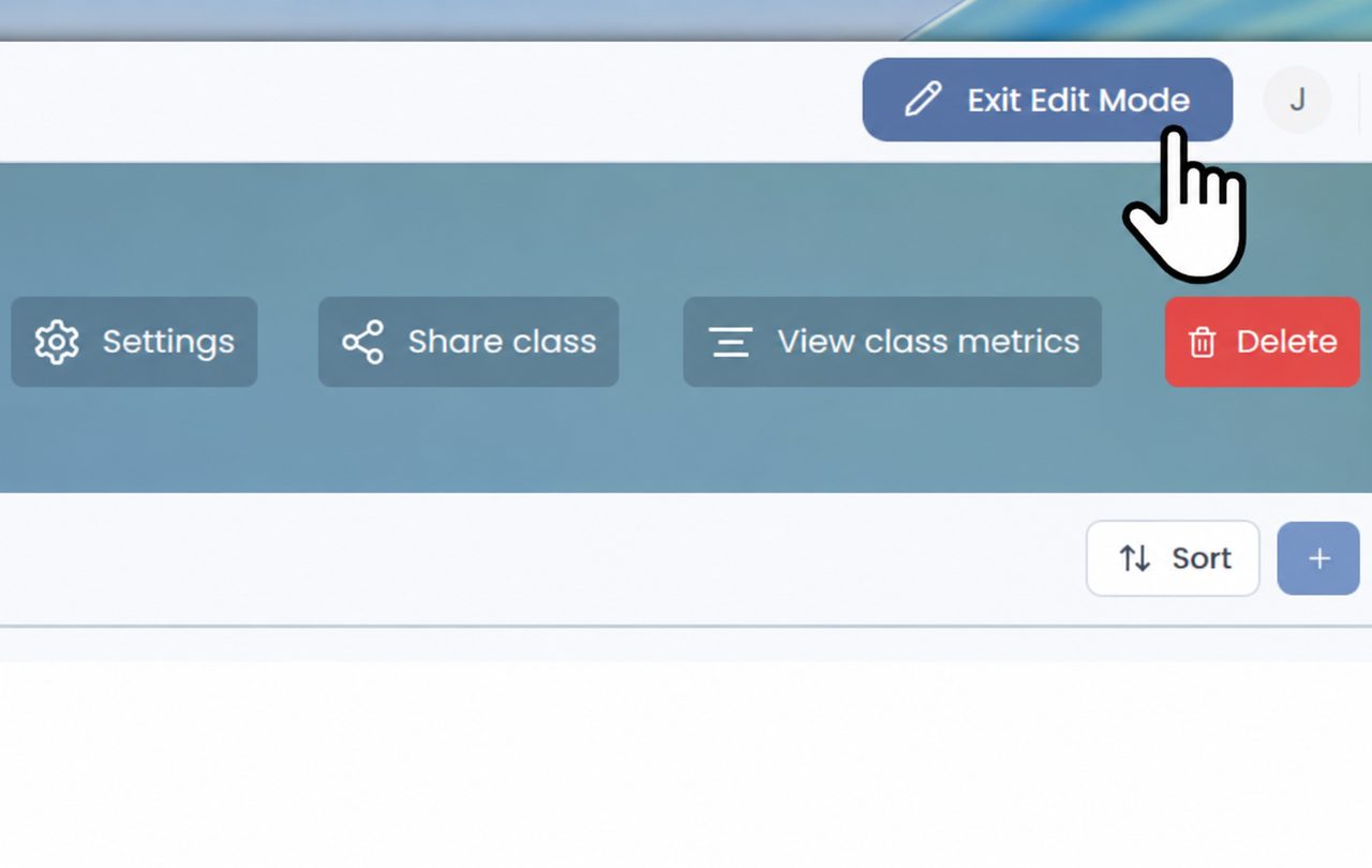 Class edit mode in the authoring tool: settings, share class, view class metrics and delete controls