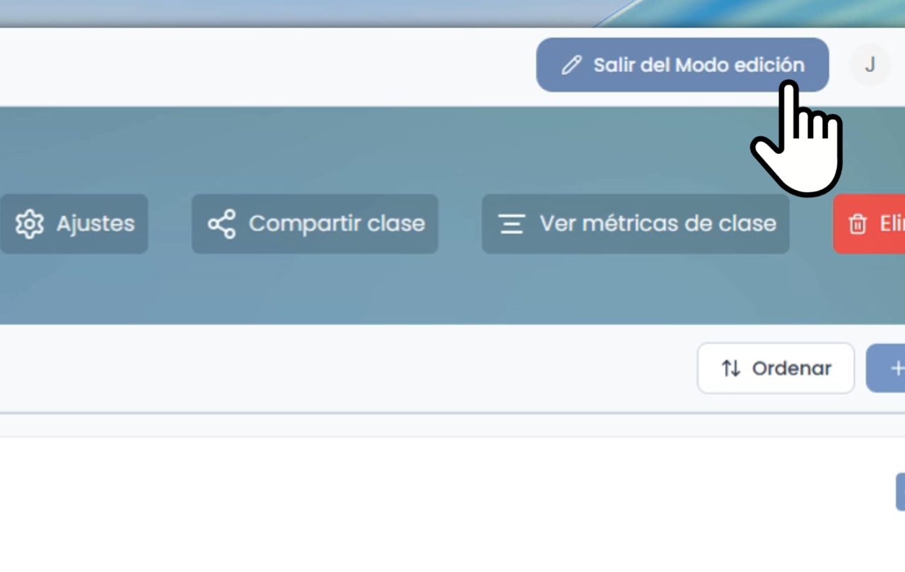 Modo edición de clase en el editor: ajustes, compartir clase, ver métricas y eliminar