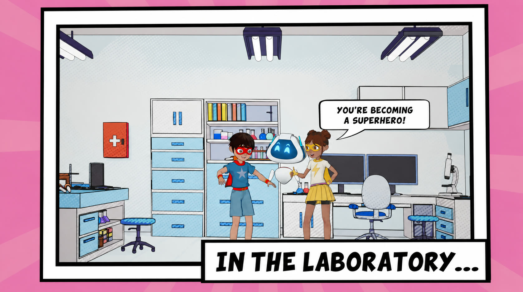 Fharmaverso clinical comic panel: the protagonists with the robot guide in the laboratory — "You're becoming a superhero!"