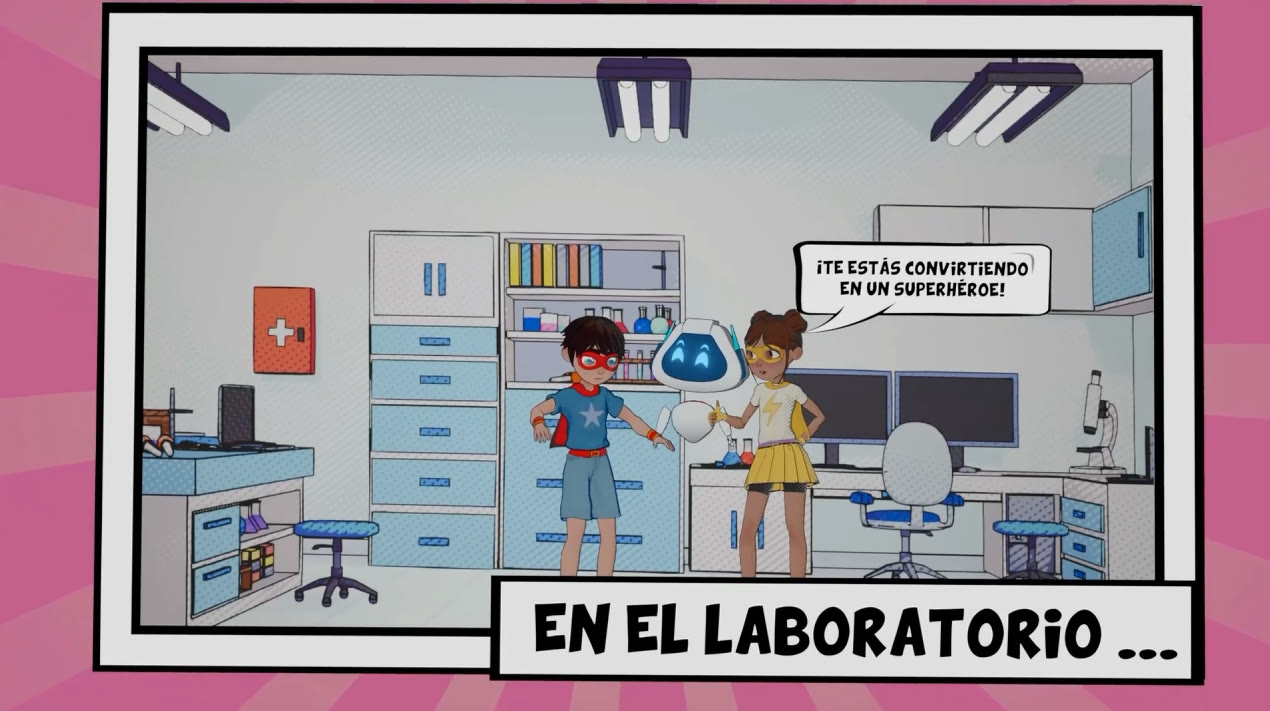 Viñeta de cómic clínico de Fharmaverso: los protagonistas con el robot guía en el laboratorio — "¡Te estás convirtiendo en un superhéroe!"