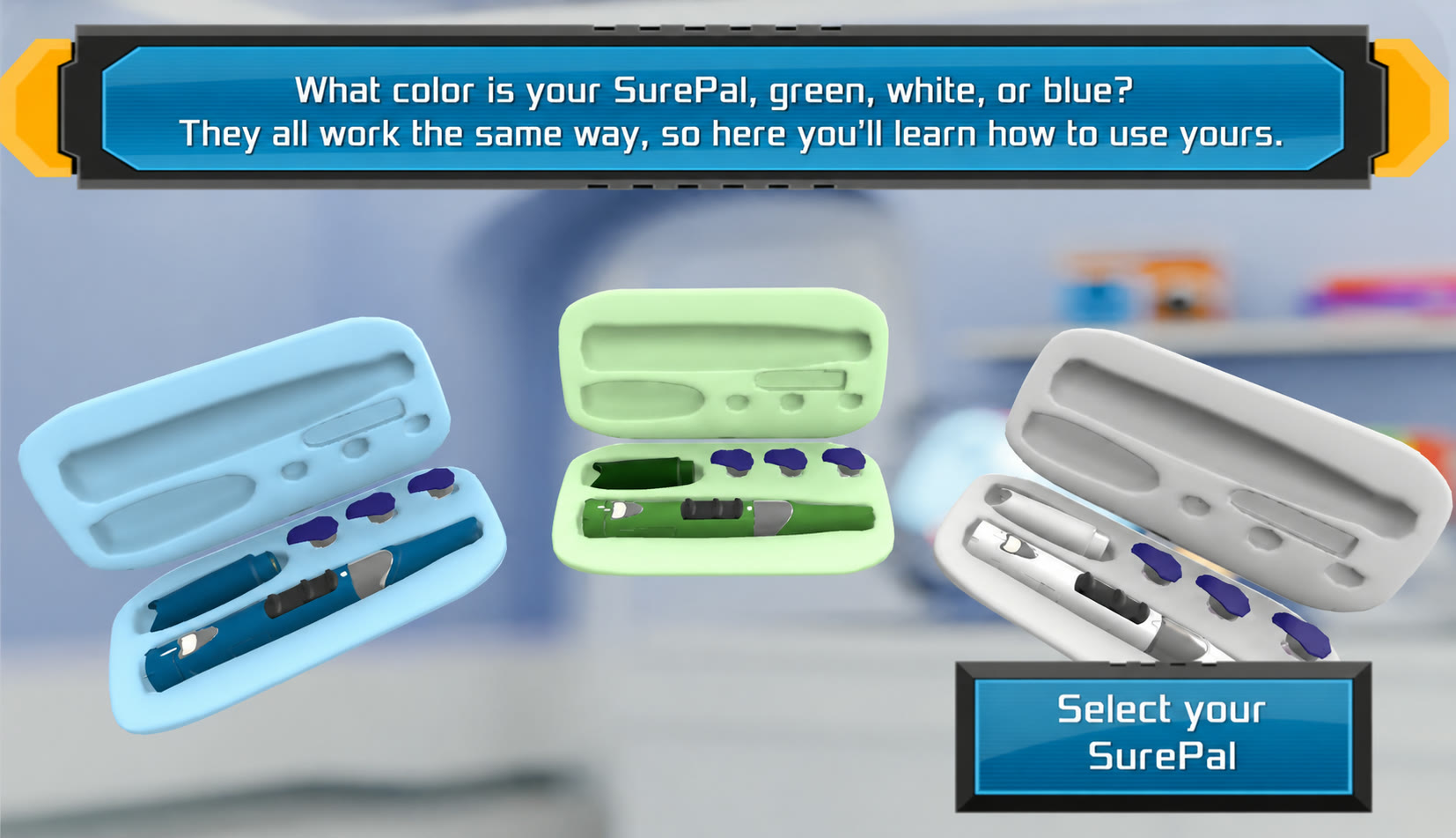 Fharmaverso mini-game: the student picks their SurePal device from three colored cases before learning how to use it