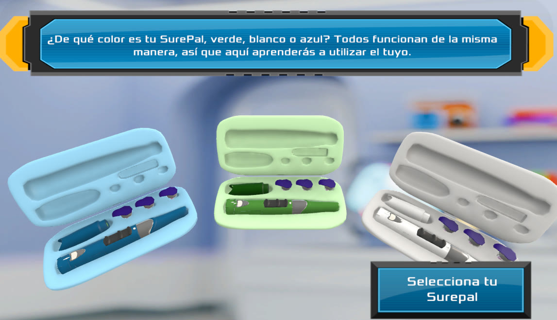 Mini-juego de Fharmaverso: el estudiante elige su dispositivo SurePal entre tres estuches de colores antes de aprender a usarlo