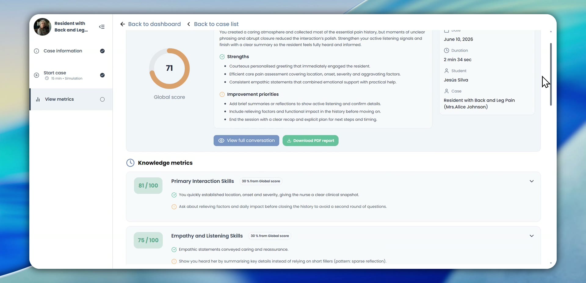 Performance analysis in the MetaMedicsVR AI Platform — global score, strengths, improvement priorities, and per-competency knowledge metrics