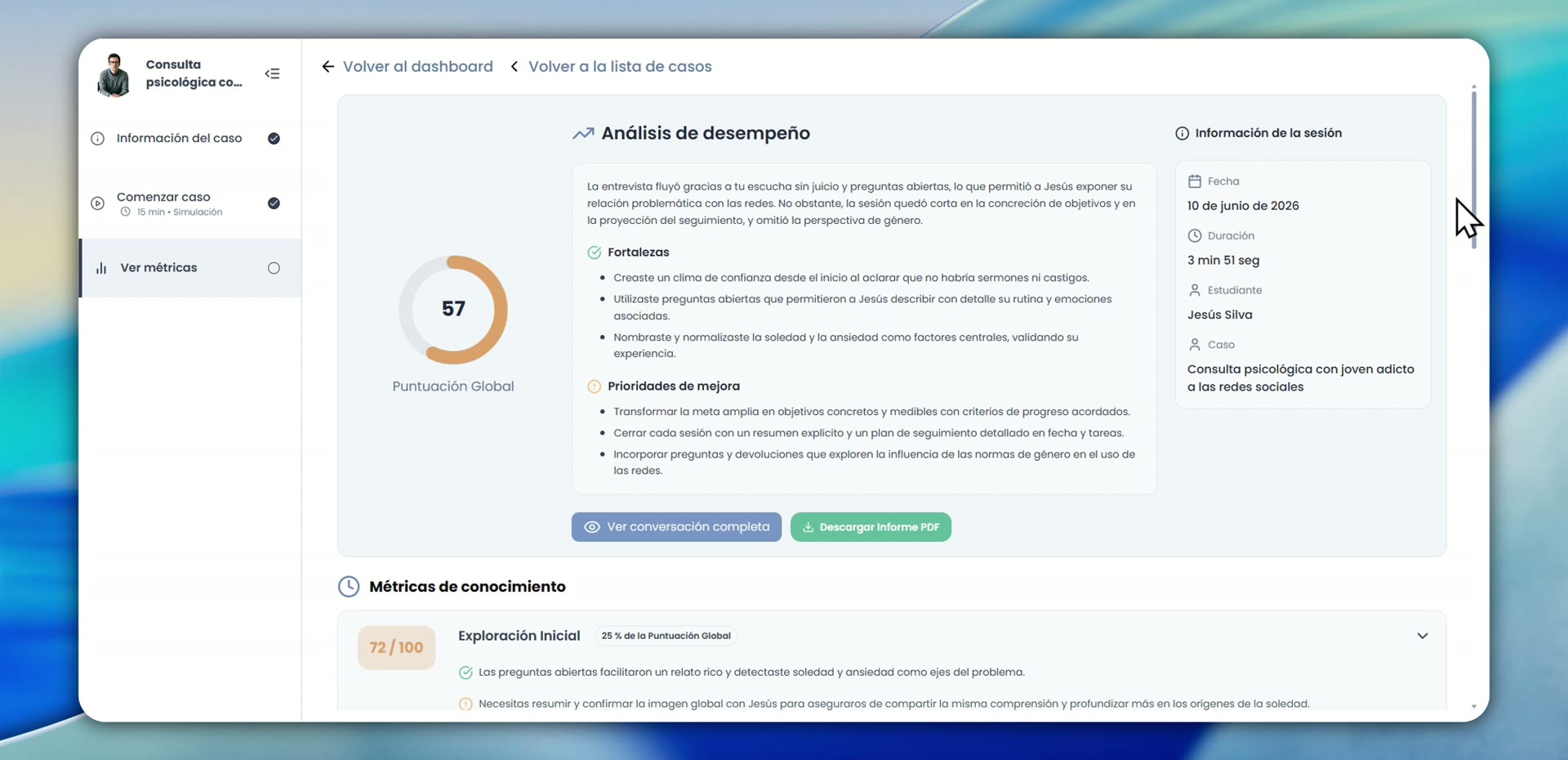 Análisis de desempeño en la AI Platform de MetaMedicsVR — puntuación global, fortalezas, prioridades de mejora y métricas de conocimiento por competencia
