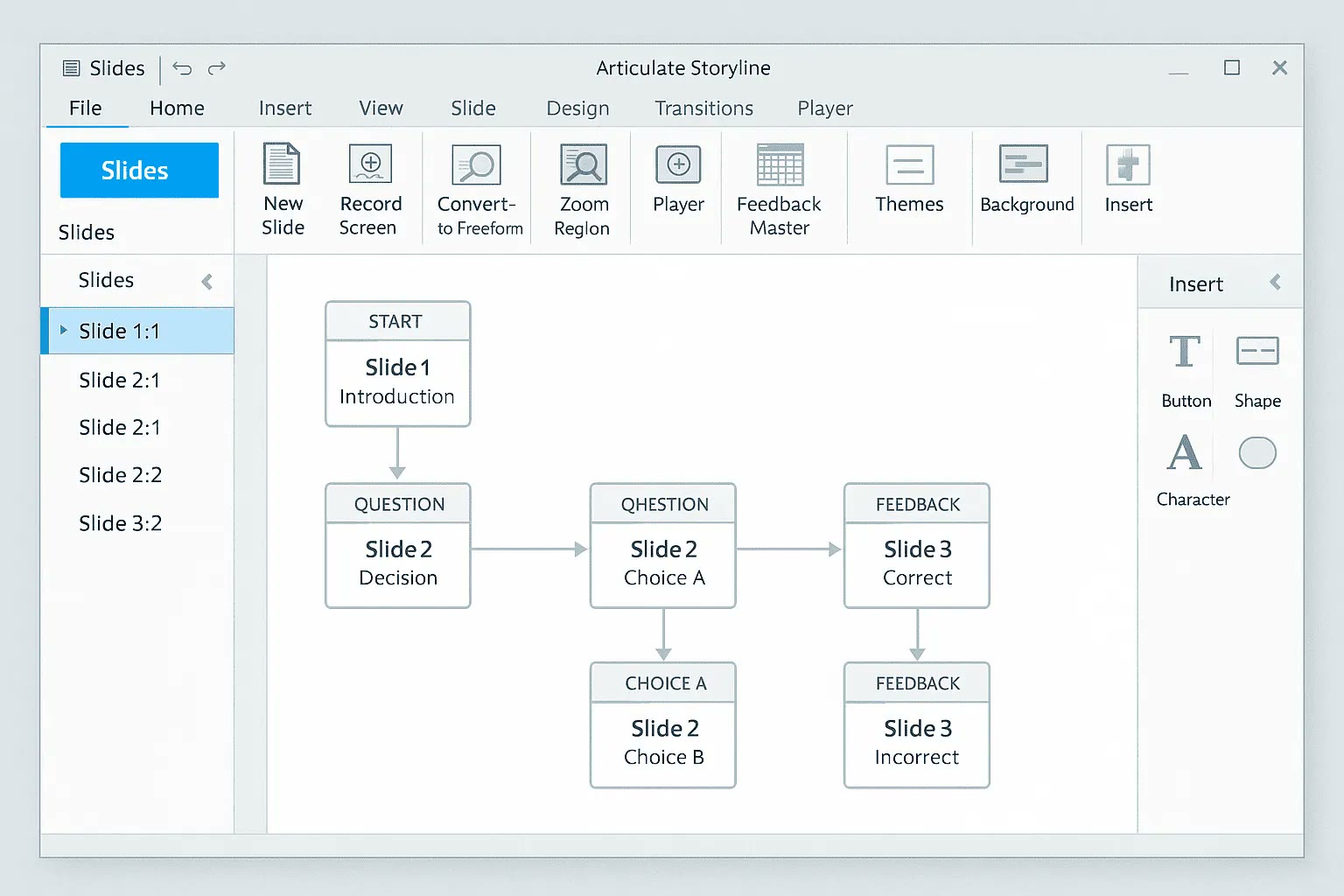 Authoring view of a scenario-based module: branching slides — introduction, decision, choices and feedback — laid out in the course editor