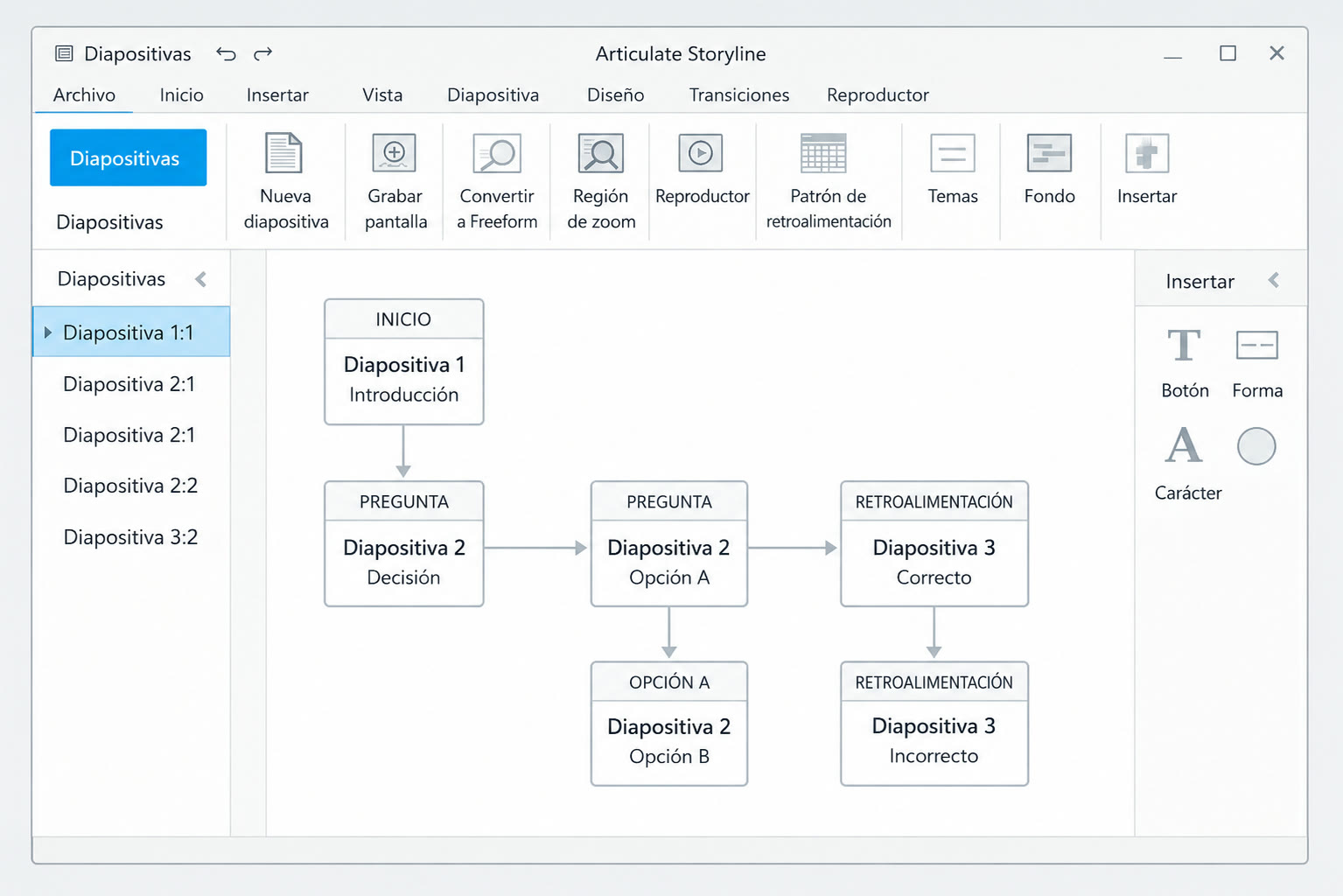 Vista de edición de un módulo basado en escenarios: diapositivas ramificadas — introducción, decisión, opciones y retroalimentación — en el editor del curso