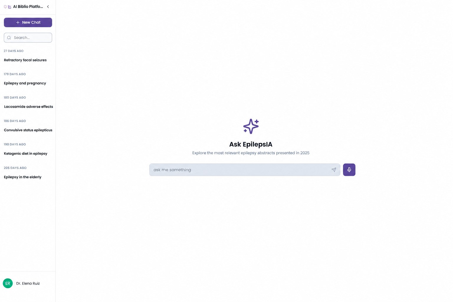 AI research assistant: an 'Ask' screen over a library of epilepsy congress abstracts.