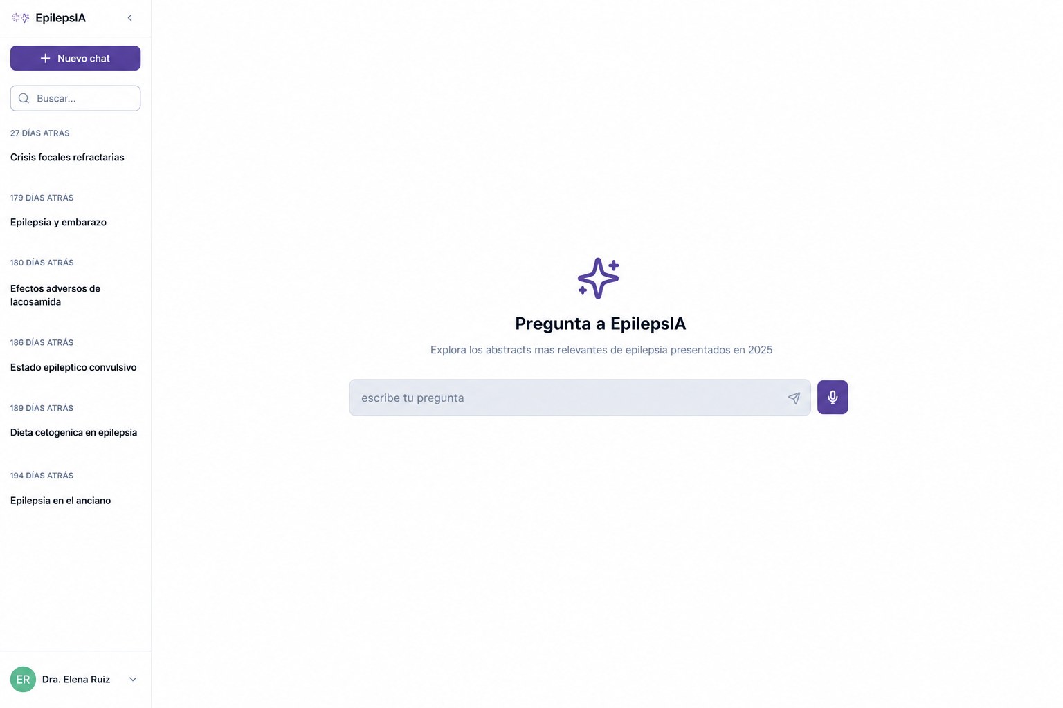 Asistente de investigación con IA: pantalla de consulta sobre una biblioteca de abstracts de un congreso de epilepsia.