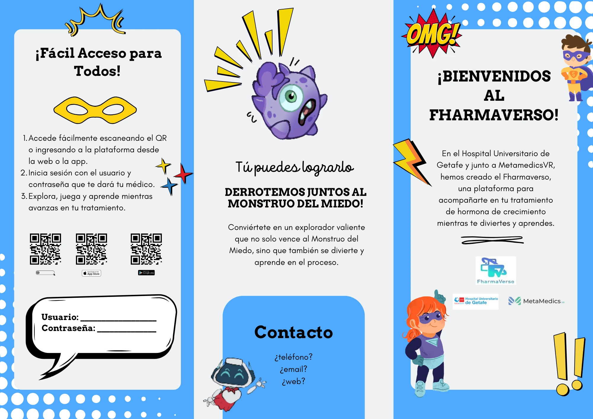 Outer side of the Fharmaverso brochure: welcome message, easy access with QR codes for web, App Store and Google Play, and contact details.