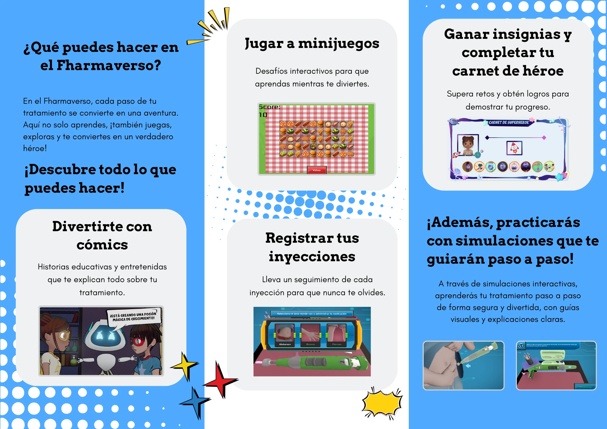 Inner side of the Fharmaverso brochure: what you can do inside — comics, mini-games, injection tracking, hero badges and step-by-step simulations.