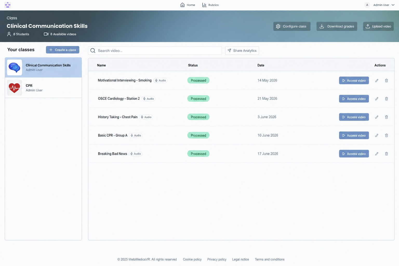 Video Assessment platform: a classroom of recorded student simulations, each processed and ready to grade.