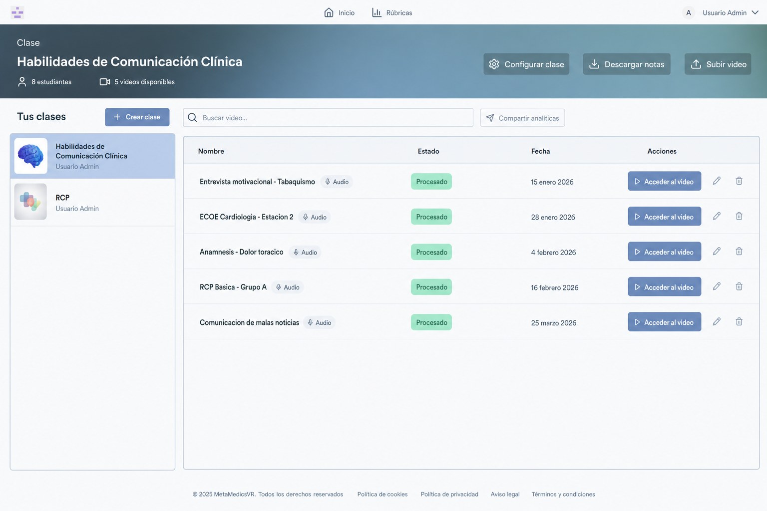 Plataforma de evaluación en vídeo: un aula de simulaciones de alumnos grabadas, cada una procesada y lista para evaluar.