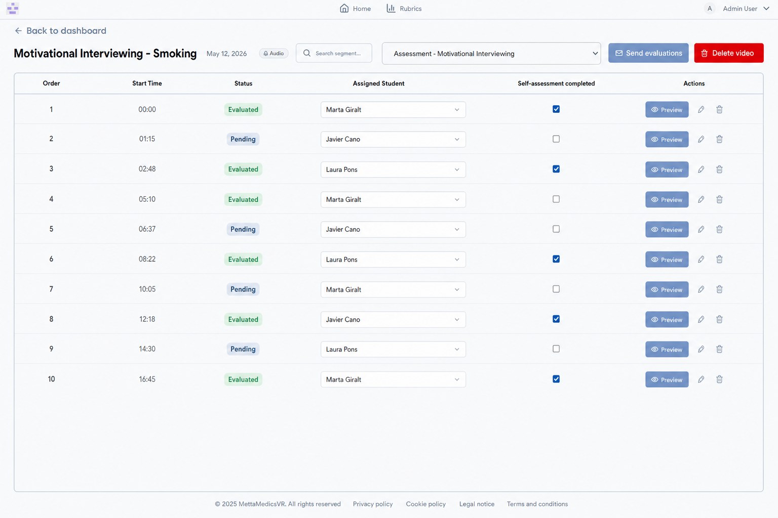 Video detail in Video Assessment: a recording split into segments, each assigned to a student.