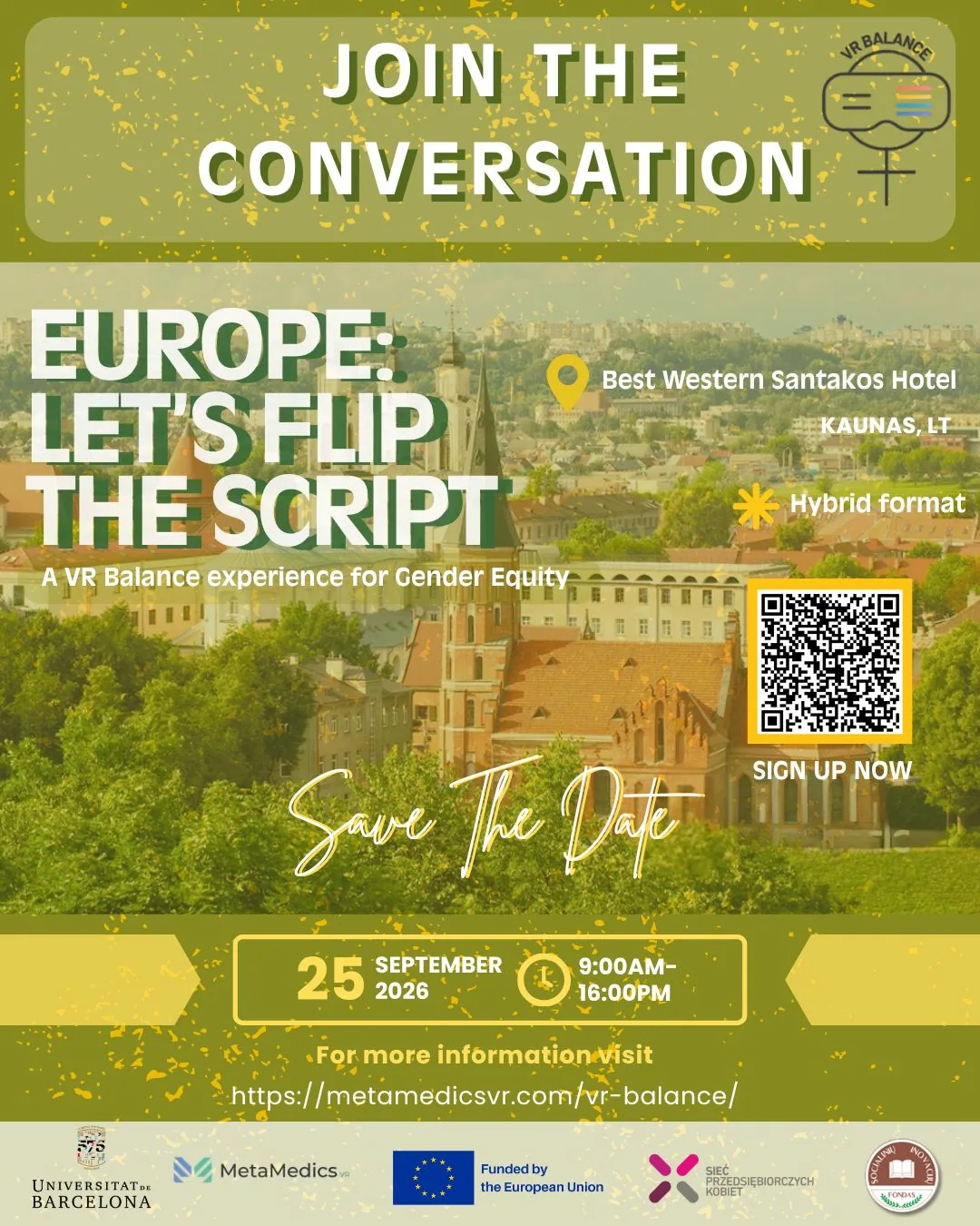 Join the conversation — VR Balance Final Conference, 25 September 2026, Kaunas. Scan the QR to sign up
