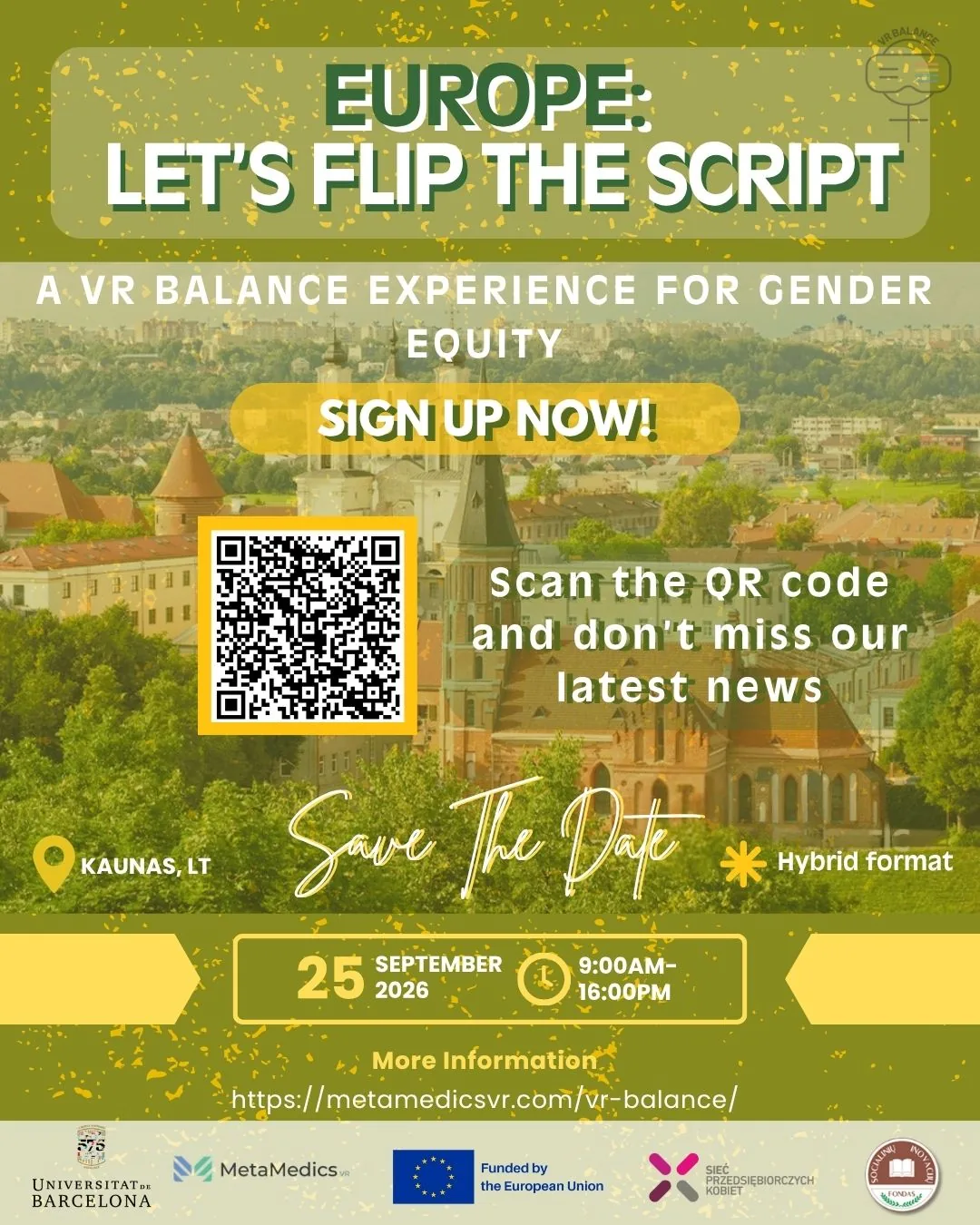 Sign up now — scan the QR code and don't miss our latest news. VR Balance Final Conference, 25 September 2026, Kaunas