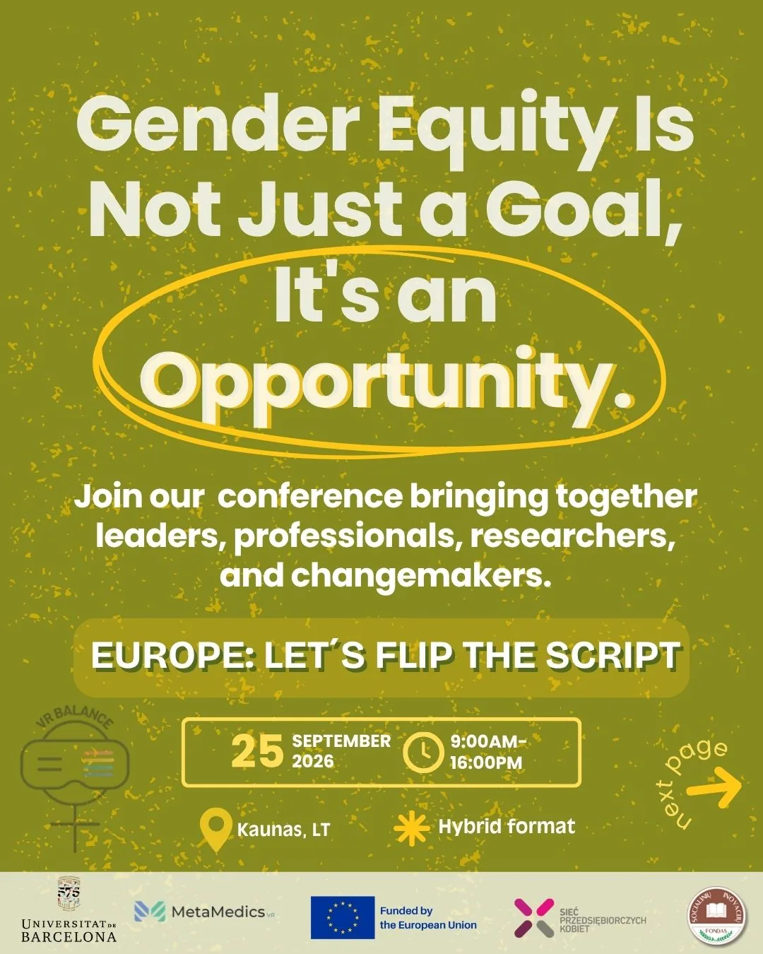Gender equity is not just a goal, it's an opportunity — join the VR Balance Final Conference, 25 September 2026, Kaunas, hybrid format