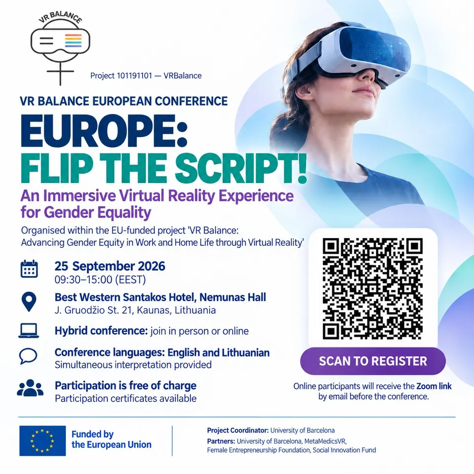 Official invitation: Europe: Flip the Script! VR Balance European Conference, 25 September 2026, 09:30–15:00 EEST, Best Western Santakos Hotel, Kaunas. Hybrid format with English–Lithuanian interpretation.